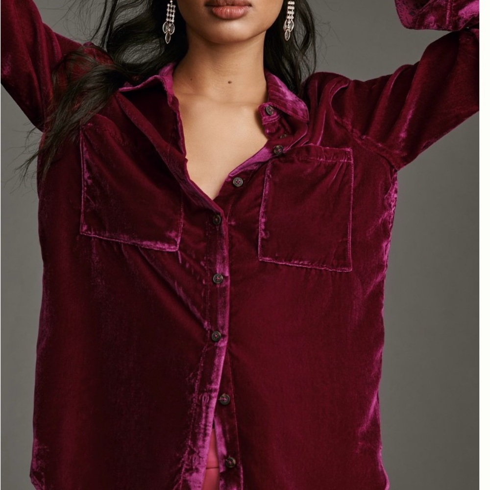 Pilcro Anthropologie Hadley Button-Down Shirt Velvet Edition Fuchsia Pink
